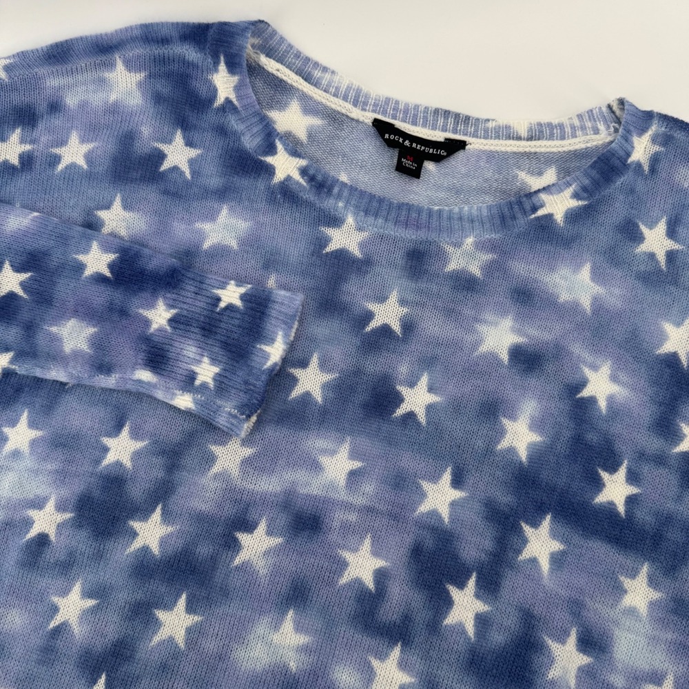Rock‎ Republic Star Tie Dye Knit Sweater Medium Blue White Patriotic Casual